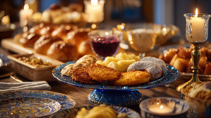 Naklejka premium Hanukkah feast: latkes, doughnuts, challah, and candles on a festive table