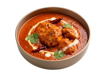 Aromatic chicken curry, rich in flavor, served in a bowl with a creamy sauce, garnished with fresh herbs and spices.