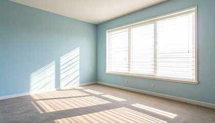 Sunlit empty room with light blue walls and carpet