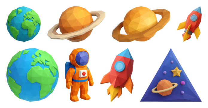 PNG Colorful low-poly space exploration, element set on transparent background