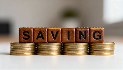 Leather textured blocks embossed with SAVING letters above gold coins