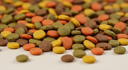 Close-up of colorful dry pet food kibble in various shades of green, orange, yellow, and brown.