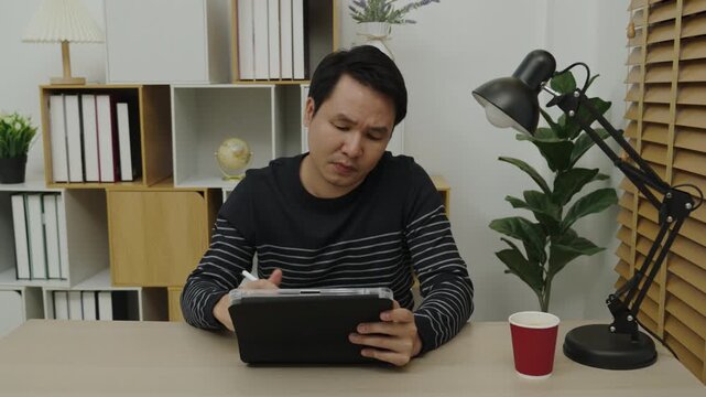 stressed man using a digital tablet at home office