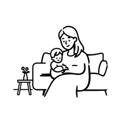 Black and White Vector Illustration of a Beautiful Mother Caring for Child in Minimalist Line Art Style