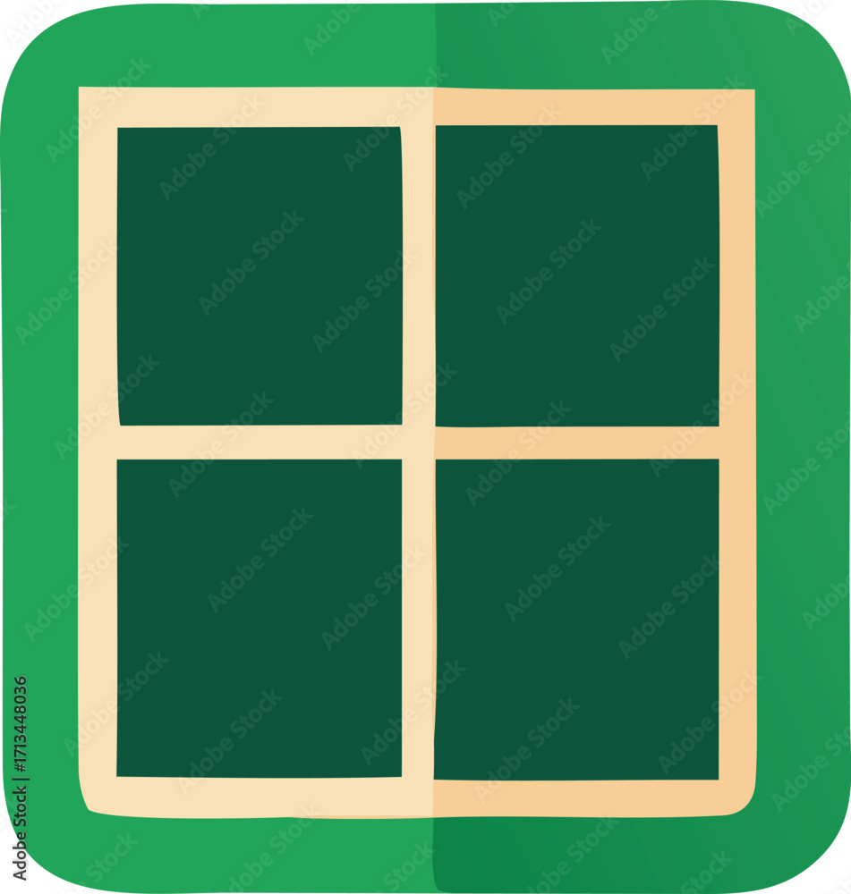 Poster green square window icon with simple wooden frame and four panes for design and interface elements