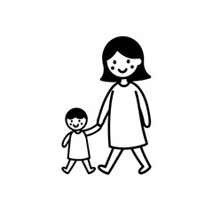Black and White Vector Illustration of a Beautiful Mother Caring for Child in Minimalist Line Art Style