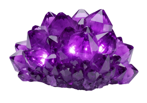 A cluster of vibrant purple crystals, showcasing intricate facets and inner light, against a striking black backdrop.