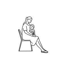 Black and White Vector Illustration of a Beautiful Mother Caring for Child in Minimalist Line Art Style