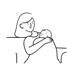 Black and White Vector Illustration of a Beautiful Mother Caring for Child in Minimalist Line Art Style