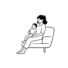 Black and White Vector Illustration of a Beautiful Mother Caring for Child in Minimalist Line Art Style