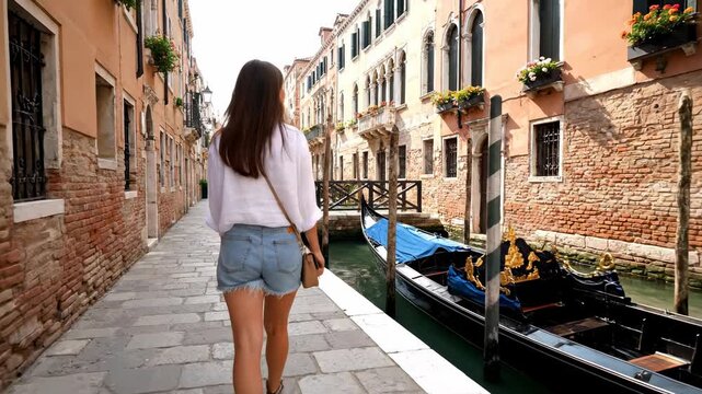 Traveler walking narrow streets Venice gondolas nearby cinematic handheld cultural tourism lifestyle stock video. sightseer strolling alley waterway venetian boat close