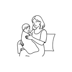 Black and White Vector Illustration of a Beautiful Mother Caring for Child in Minimalist Line Art Style