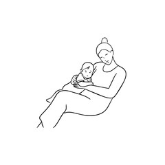 Black and White Vector Illustration of a Beautiful Mother Caring for Child in Minimalist Line Art Style
