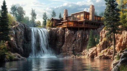 Obraz premium Mountain Waterfall House: A Serene Retreat