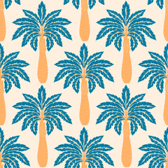 Seamless palm tree pattern featuring tropical botanical elements. This design is perfect for summer.	