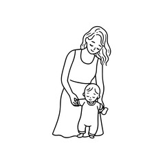 Black and White Vector Illustration of a Beautiful Mother Caring for Child in Minimalist Line Art Style