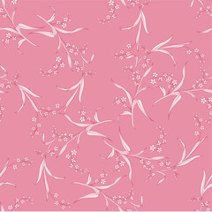 Seamless pink floral pattern with delicate blossoms and graceful leaves, perfect for fabric, wallpaper, gift wrap, and feminine design projects.