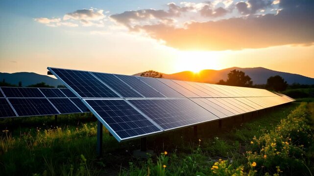 Solar panel array installation in grassy field at sunset generating alternative electricity in renewable energy countryside landscape with mountains