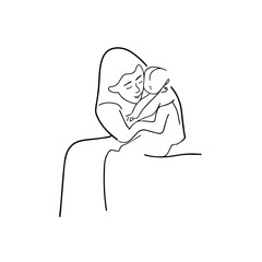 Black and White Vector Illustration of a Beautiful Mother Caring for Child in Minimalist Line Art Style