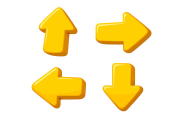 Set of 3D yellow arrow pointer icons. Cartoon vector illustration for navigation and direction. Up, down, left, right symbols for web, UI, game design. Isolated on transparent.
