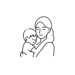 Black and White Vector Illustration of a Beautiful Mother Caring for Child in Minimalist Line Art Style