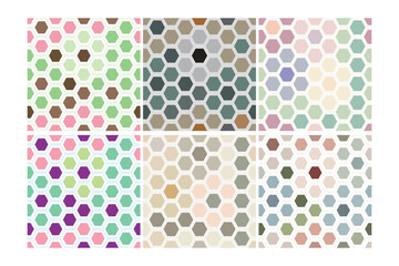 Hexagon seamless vector pattern set with honeycomb style. Decorative geometric backgrounds in pastel and neutral colors for print, packaging, and home decor.