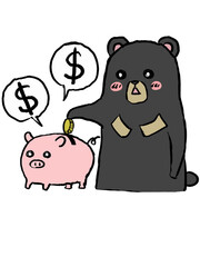 貯金箱にお金を入れて貯金するゆるマレーグマ