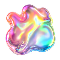 Dynamic iridescent fluid blob with holographic glow, showcasing shifting colors. Abstract liquid splash on white, smooth reflective surface, vibrant and futuristic