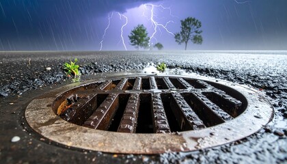 Stormy road drain lightning strike scene with dramatic sky, wet asphalt, and intense thunderstorm in the countryside during nighttime.