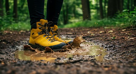 Close-up of yellow hiking boots splashing through a muddy puddle in a forest