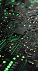 Obraz premium Close-up of a dark microprocessor centrally positioned on a circuit board with glowing green and amber circuitry details, suggesting technological advancement