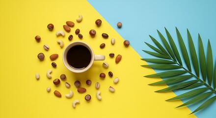 Coffee and Nuts on Yellow and Blue Background