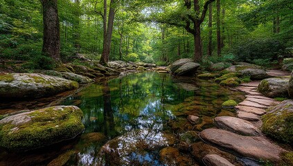 Obraz premium Tranquil forest stream with moss-covered rocks and stepping stones