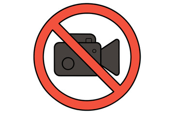 No video recording sign vector illustration. Filming prohibited symbol. No cameras allowed warning icon. Stop video footage pictogram. Restriction for private confidential area.