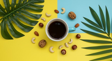 Coffee Cup with Nuts and Tropical Leaves on Colorful Background