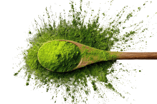 Wooden spoon filled with green powder, surrounded by a burst of the same