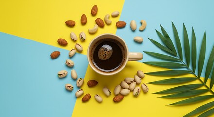 Coffee, Nuts, and Palm Leaf on Colorful Background