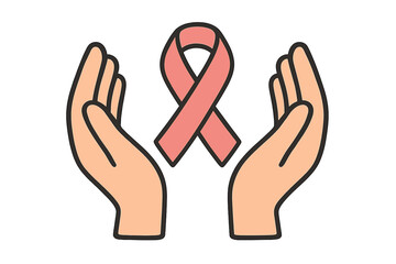 Hands holding pink ribbon. Breast cancer awareness month symbol. Hope, support, charity, health care concept. Medical solidarity, donation, and prevention campaign vector icon.