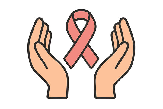Hands holding pink ribbon. Breast cancer awareness month symbol. Hope, support, charity, health care concept. Medical solidarity, donation, and prevention campaign vector icon.