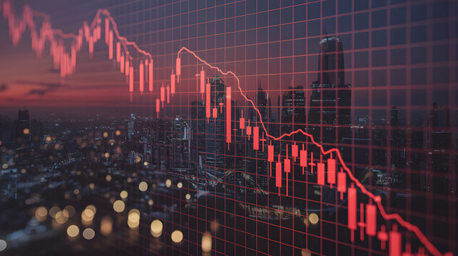 Dramatic stock market crash over city skyline signals economic downturn and recession