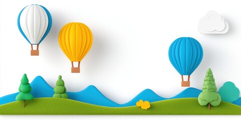 Playful hot air balloons, green hills, blue sky