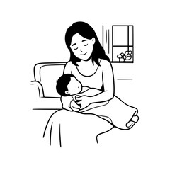 Black and White Vector Illustration of a Beautiful Mother Caring for Child in Minimalist Line Art Style