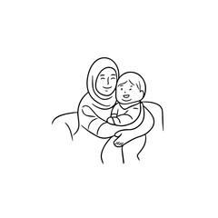 Black and White Vector Illustration of a Beautiful Mother Caring for Child in Minimalist Line Art Style
