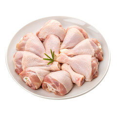 Assorted Raw Chicken Pieces on White Plate with Rosemary Sprig chicken drumsticks chicken thighs
