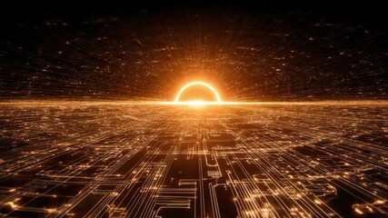 Digital Horizon: A vibrant, futuristic landscape with an effervescent digital sunrise, illustrating technological advancement, data flow, and the boundless expanse of a digital world.