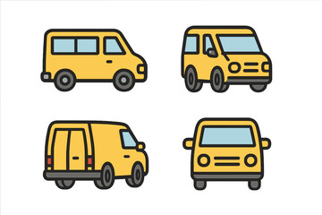 Yellow van icon set from front, back, and side view. Simple linear cartoon pictogram of a commercial delivery truck or minibus for transport, shipping, and logistics services.