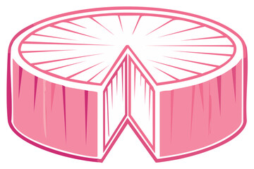 Stylized pink round cake with a slice removed, dessert illustration