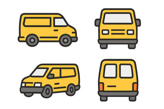 Yellow delivery van vector icon set. Minimalist linear cartoon pictogram. Commercial vehicle for shipping and logistics. Front, side, back, and perspective views.