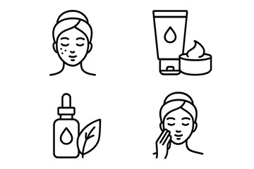 Skincare routine line icon set. Woman face with acne, applying cosmetic cream. Natural organic serum, dermatology treatment. Beauty cosmetology vector pictogram collection.