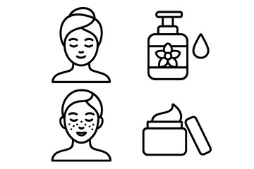 Skincare routine outline icon set. Face with acne and clean skin. Woman beauty treatment. Cosmetology and dermatology concept. Vector icons for spa, cosmetics, cream, lotion.